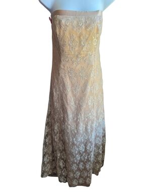 Onyx Nite Wendye Chaitin Maxi Dress Beige Gold Floral Strapless Gown Size 13/14